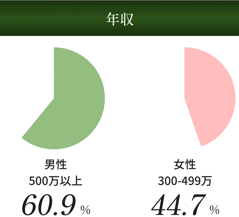 年収 男性500万以上60.9% 女性300-499万44.7%