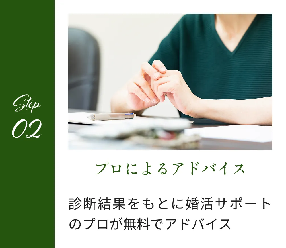 STEP02 プロによるアドバイス 診断結果をもとに婚活サポートのプロが無料でアドバイス