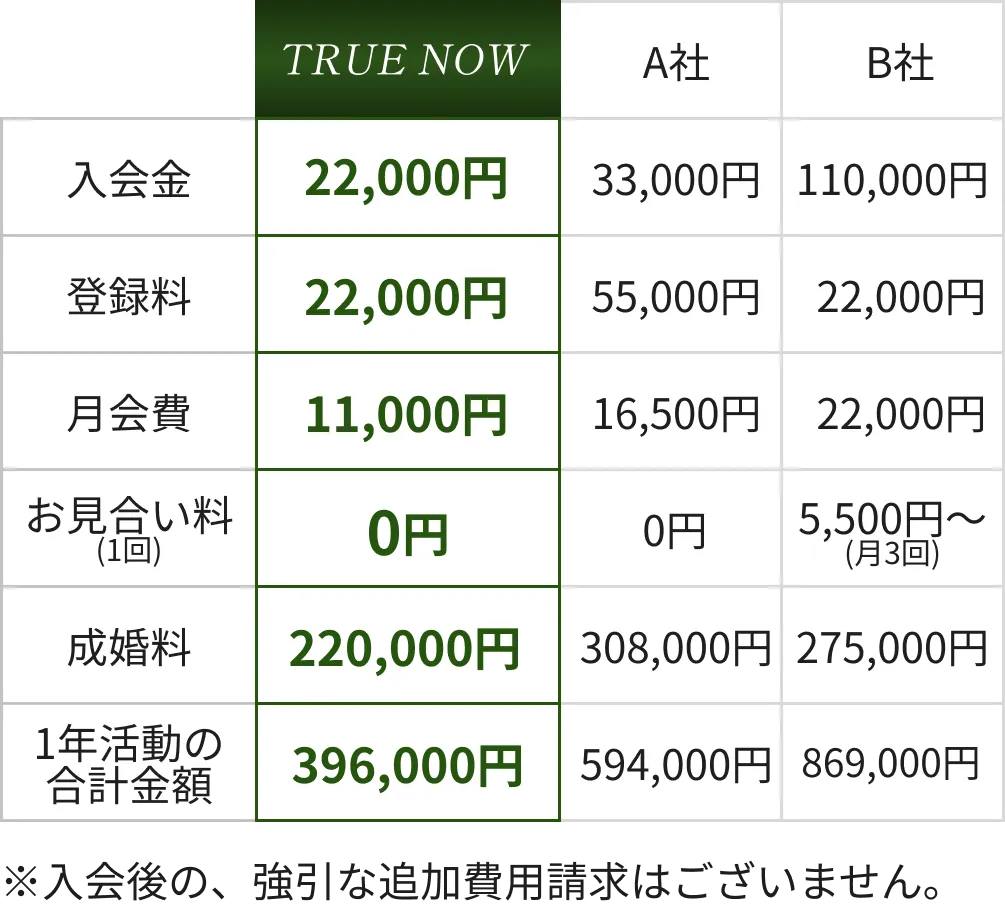 TRUE NOW　入会金22,000円　登録料22,000円　月会費11,000円　お見合い料（1回）0円　成婚料220,000円　1年活動の合計金額396,000円　※入会後の、強引な追加費用請求はございません。