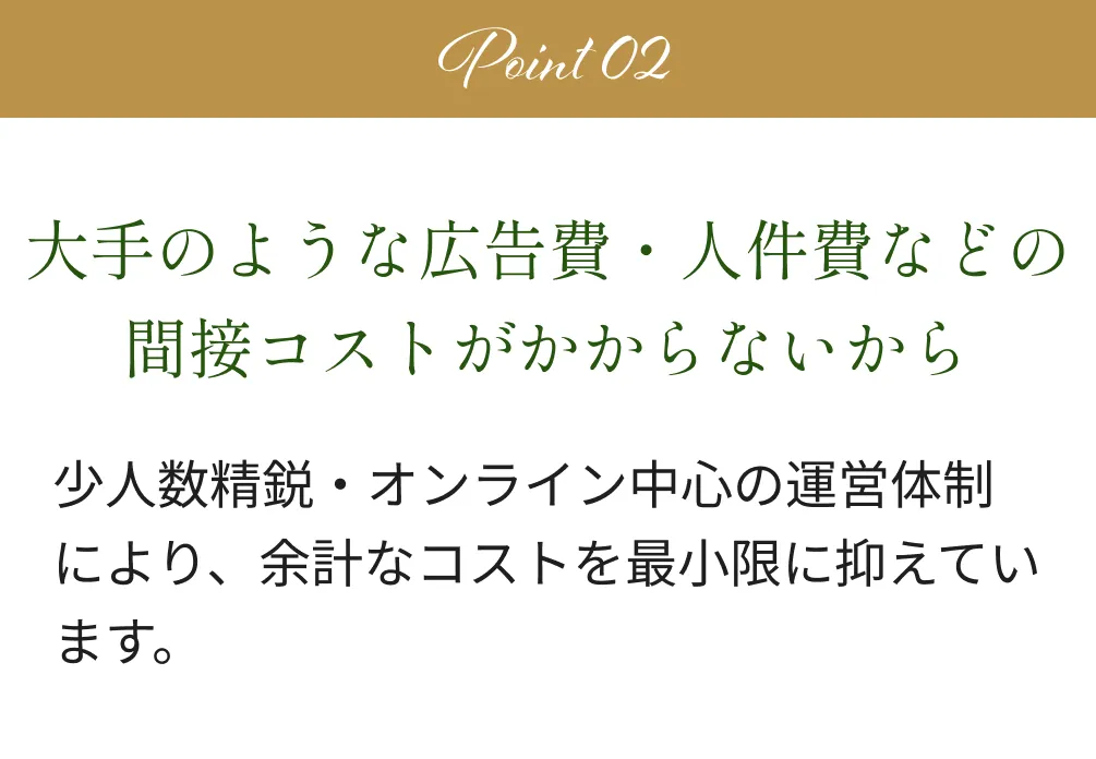 Point2 大手のような広告費・人件費などの間接コストがかからないから 少人数精鋭・オンライン中心の運営体制により、余計なコストを最小限に抑えています。