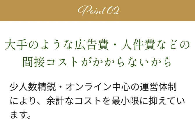 Point2 大手のような広告費・人件費などの間接コストがかからないから 少人数精鋭・オンライン中心の運営体制により、余計なコストを最小限に抑えています。